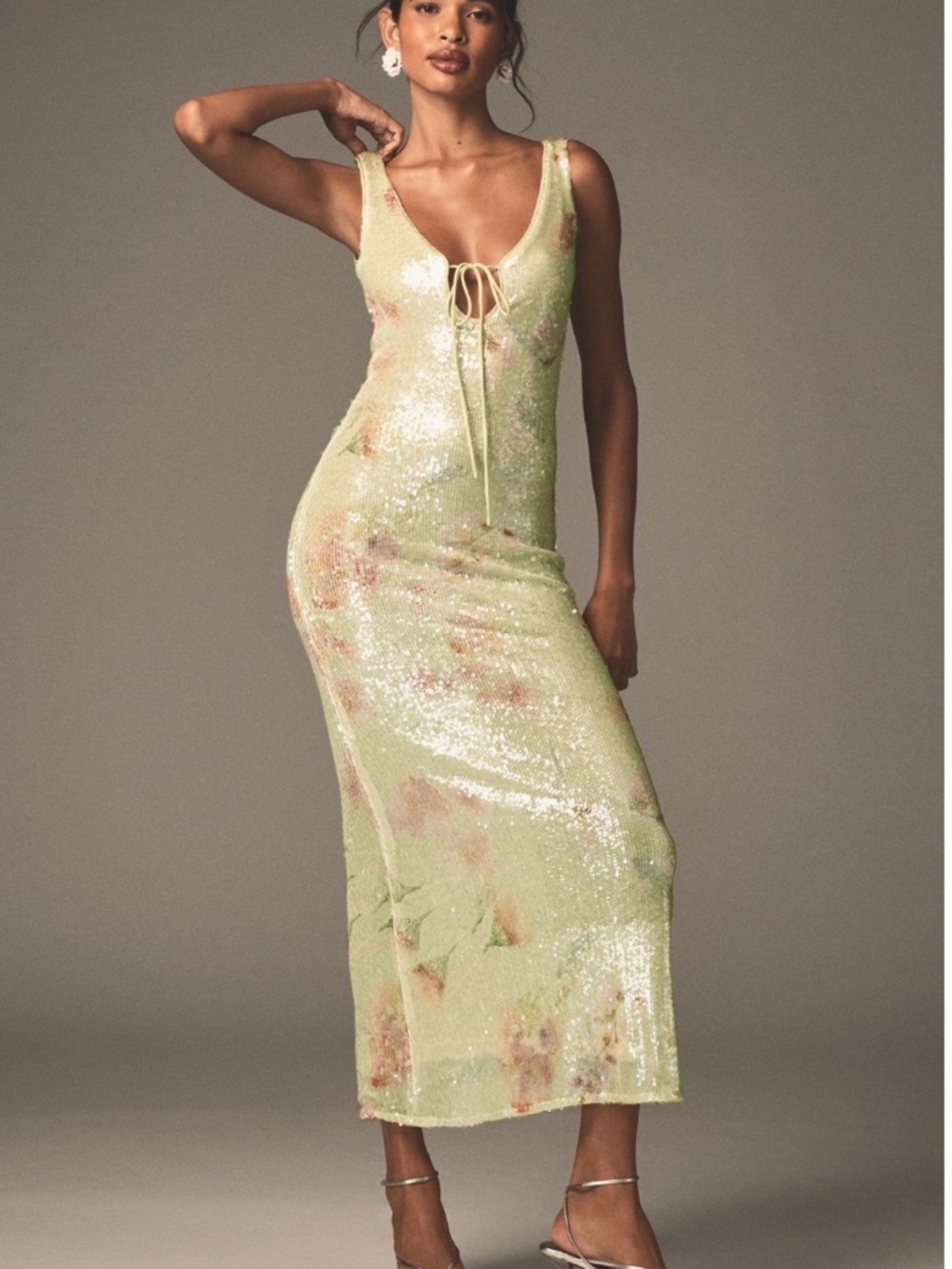 Bardot Pale Green Sequin Tie-Front Midi Dress with Pink Accents